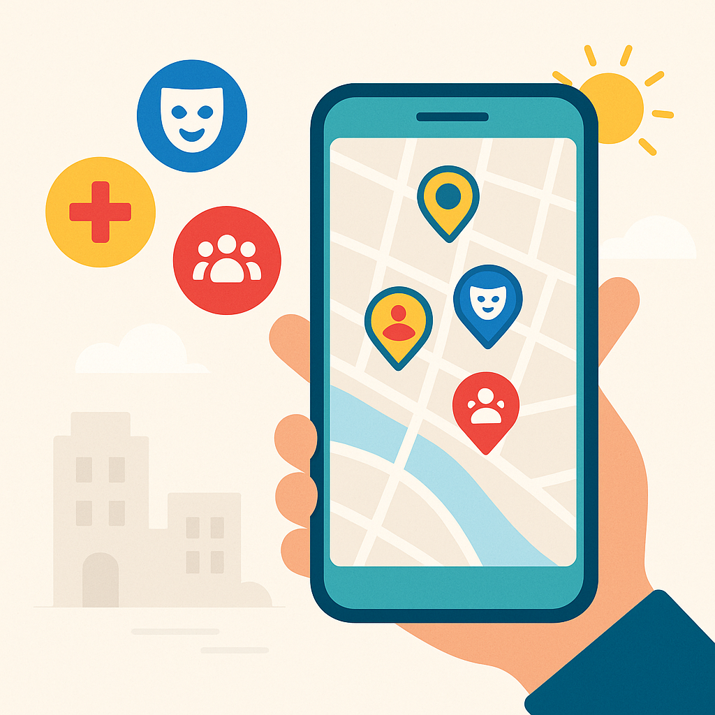 Ilustração de um celular mostrando eventos no mapa